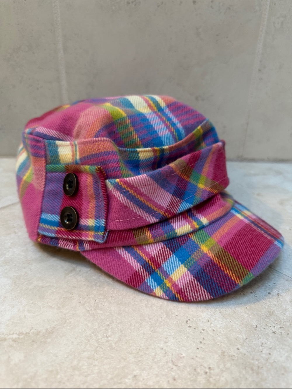 D&Y Pink Plaid Cadet Cap with Multicolor Stripes
